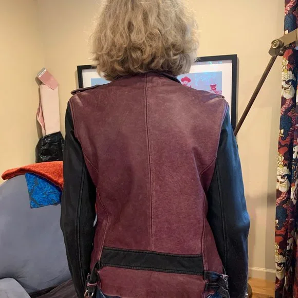 Iro Paris Distressed Burgundy/Black Leather Moto Jacket - Picture 7 of 8
